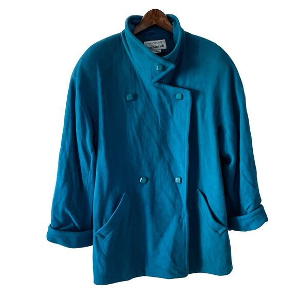 Vintage 100% Wool Vibrant Teal Blue Double Breasted Pea Coat Plus Size 16 - Picture 1 of 8